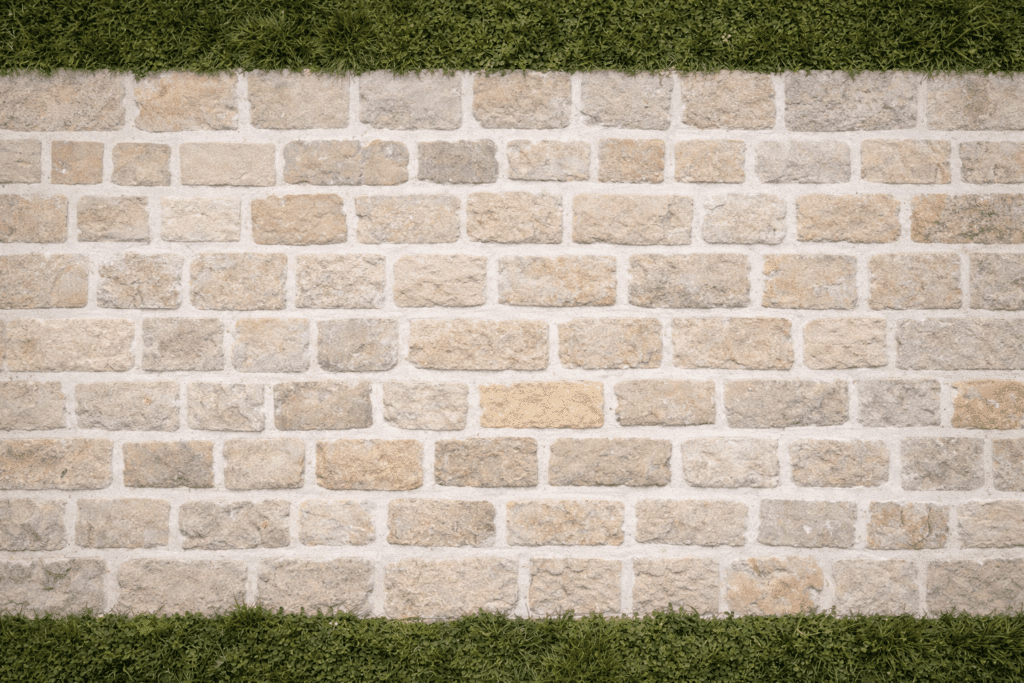 Texture mur pierre rectangulaire beige, joints larges. Texture de mur en pierre calcaire beige rustique, blocs rectangulaires avec joints épais, encadrée par de l'herbe coupée.