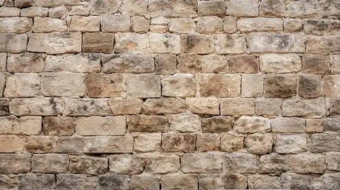 Mur en pierre ancienne : texture robuste et blocs de grès. Gros plan sur un mur de maçonnerie ancien. Blocs de pierre beige et marron, de taille variée, offrant une texture rustique et rugueuse.